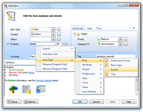 Customize the layout of the Edit Item window